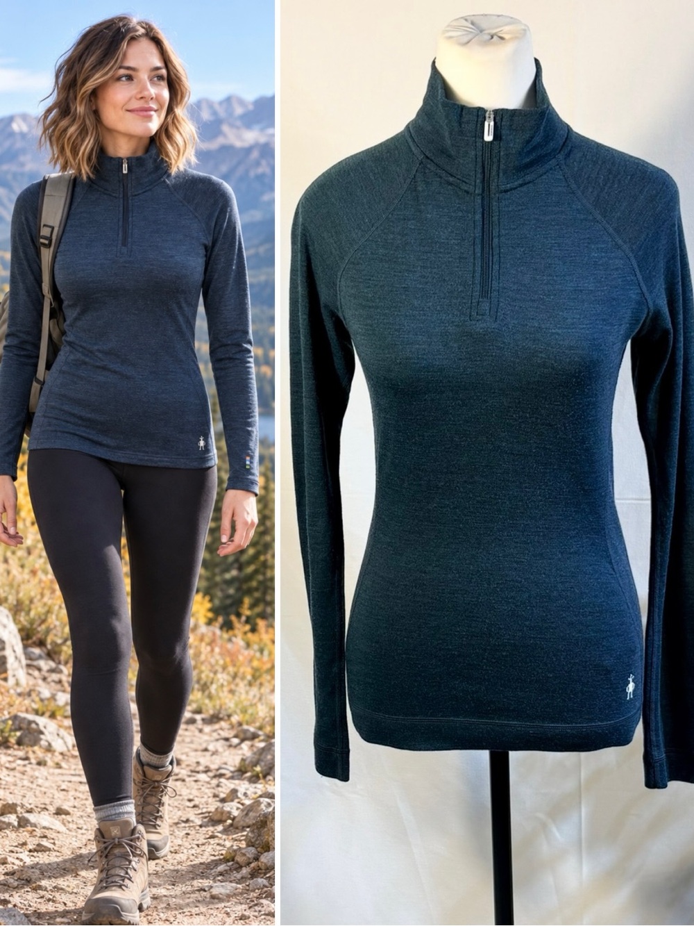 💥Smartwool Women’s Merino 250 Quarter-Zip Base Layer Top Blue Sz S 🧡